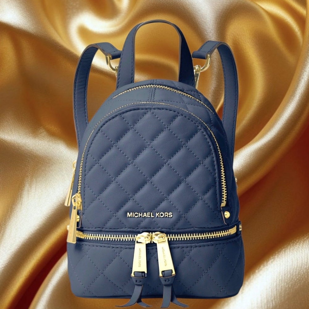 🎒 Michael Kors Dark Blue Quilted Mini Backpack with Gold Accents "Rhea"